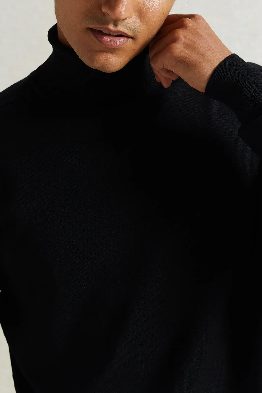 Men Black Solid High Neck Pullover