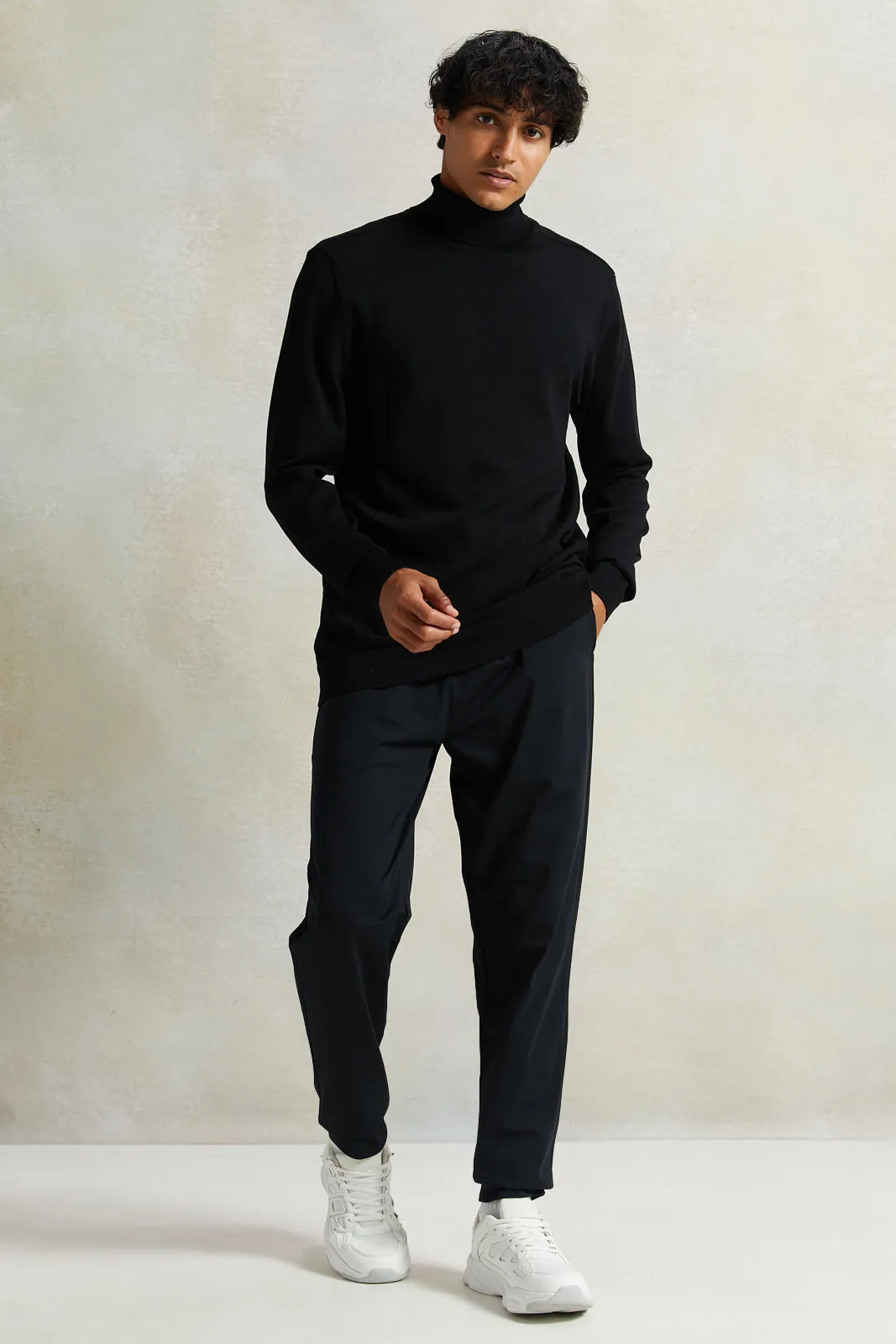 Men Black Solid High Neck Pullover