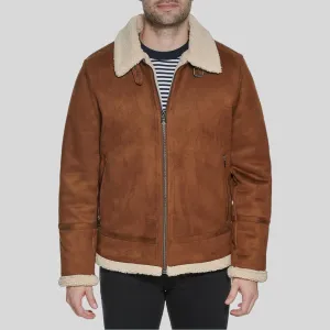 Men Suede Leather-Bomber Jacket With Shearling Lining