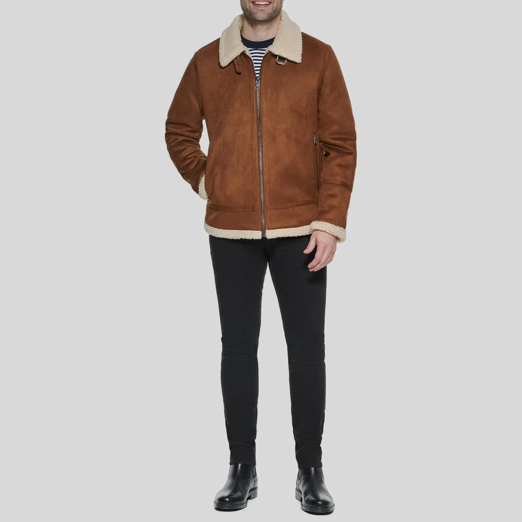 Men Suede Leather-Bomber Jacket With Shearling Lining