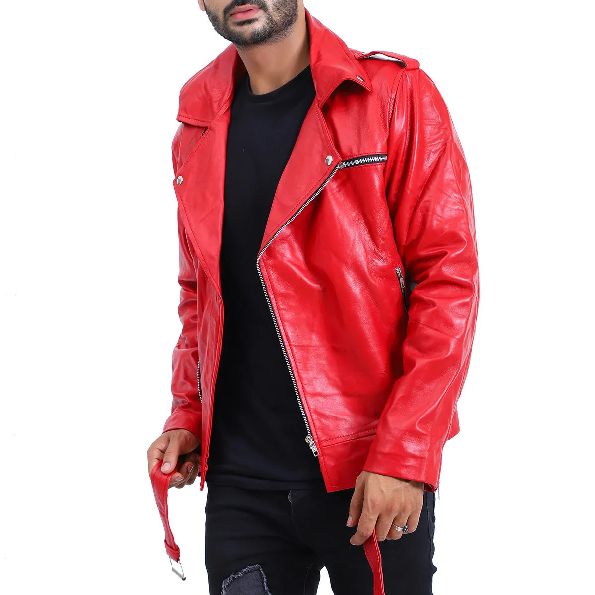 Mens Biker Negan Red Leather Jacket