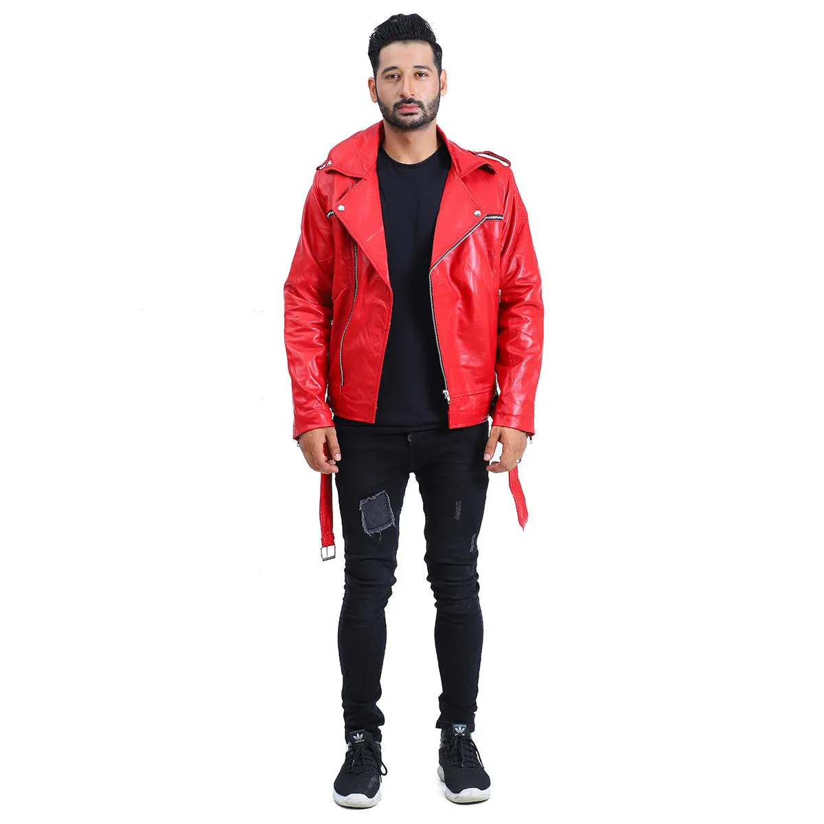 Mens Biker Negan Red Leather Jacket