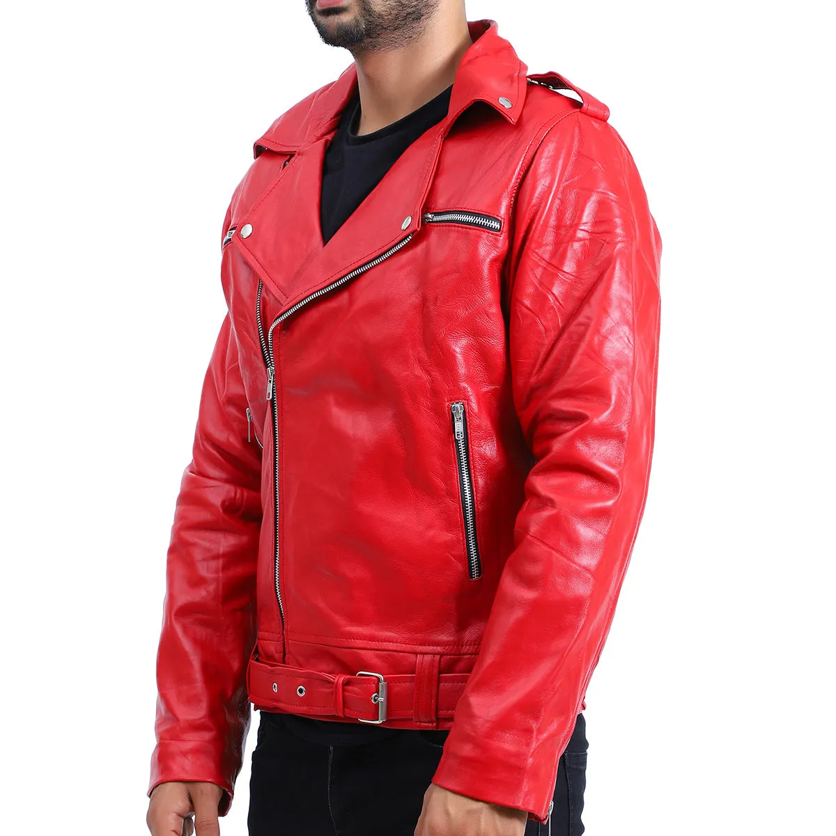 Mens Biker Negan Red Leather Jacket