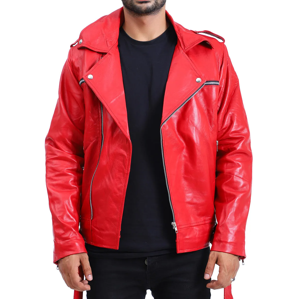 Mens Biker Negan Red Leather Jacket