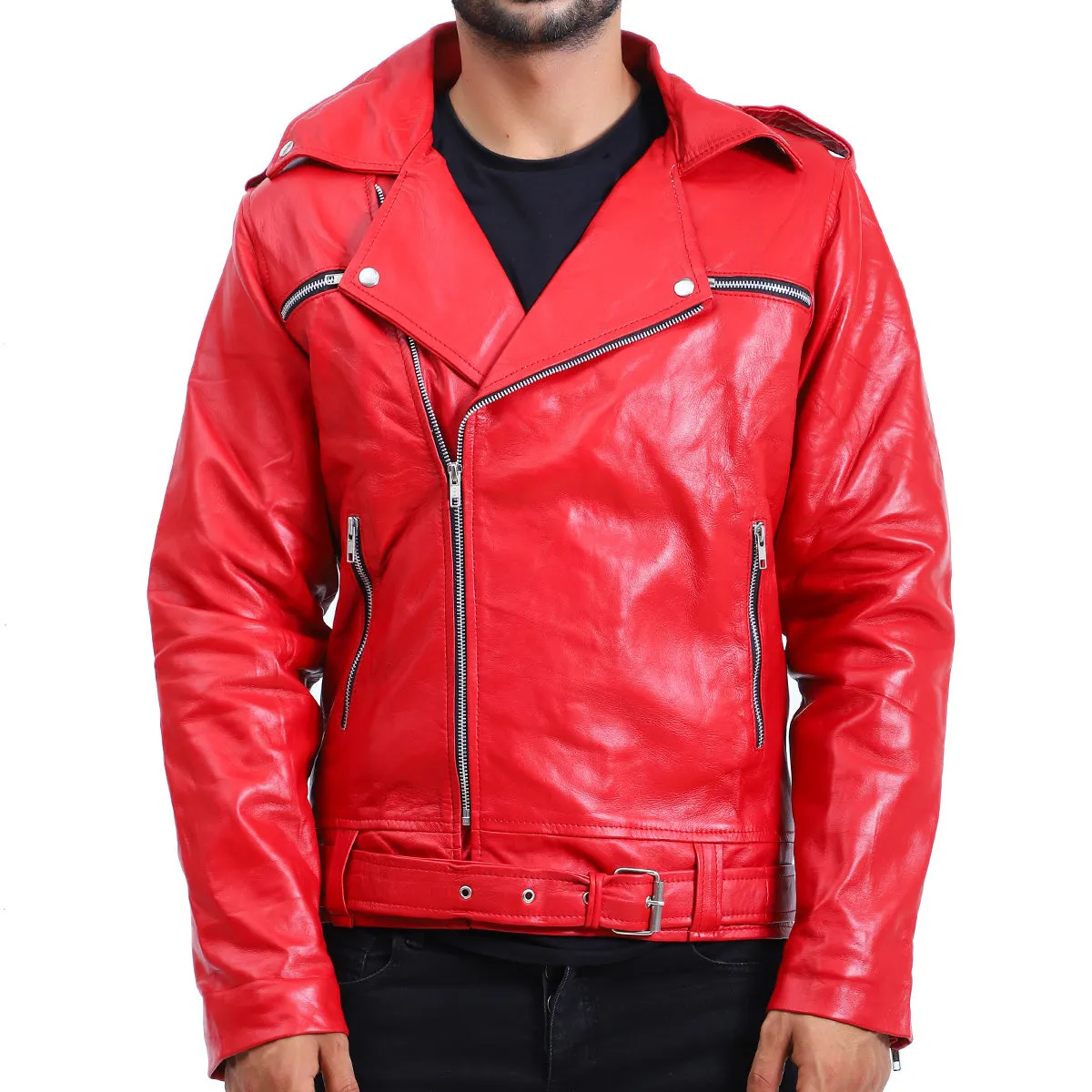 Mens Biker Negan Red Leather Jacket