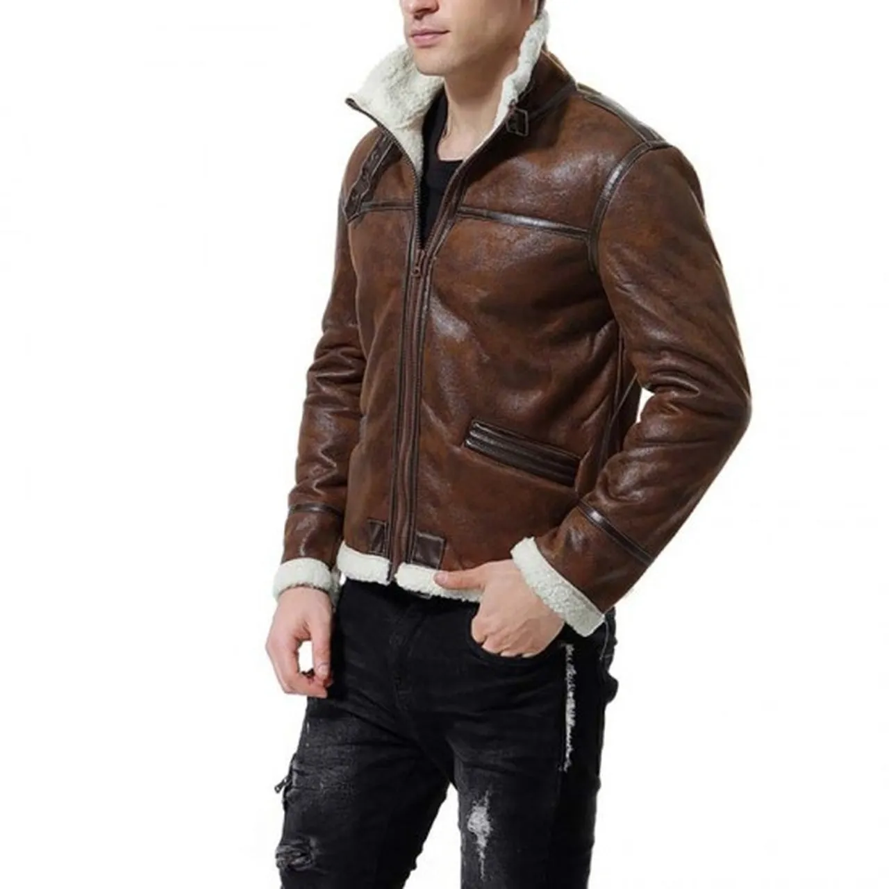 Men's Brown Shearling Leather Jacket