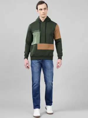 Men's Color Block Olive Green Hoody Neck Sweatshirt