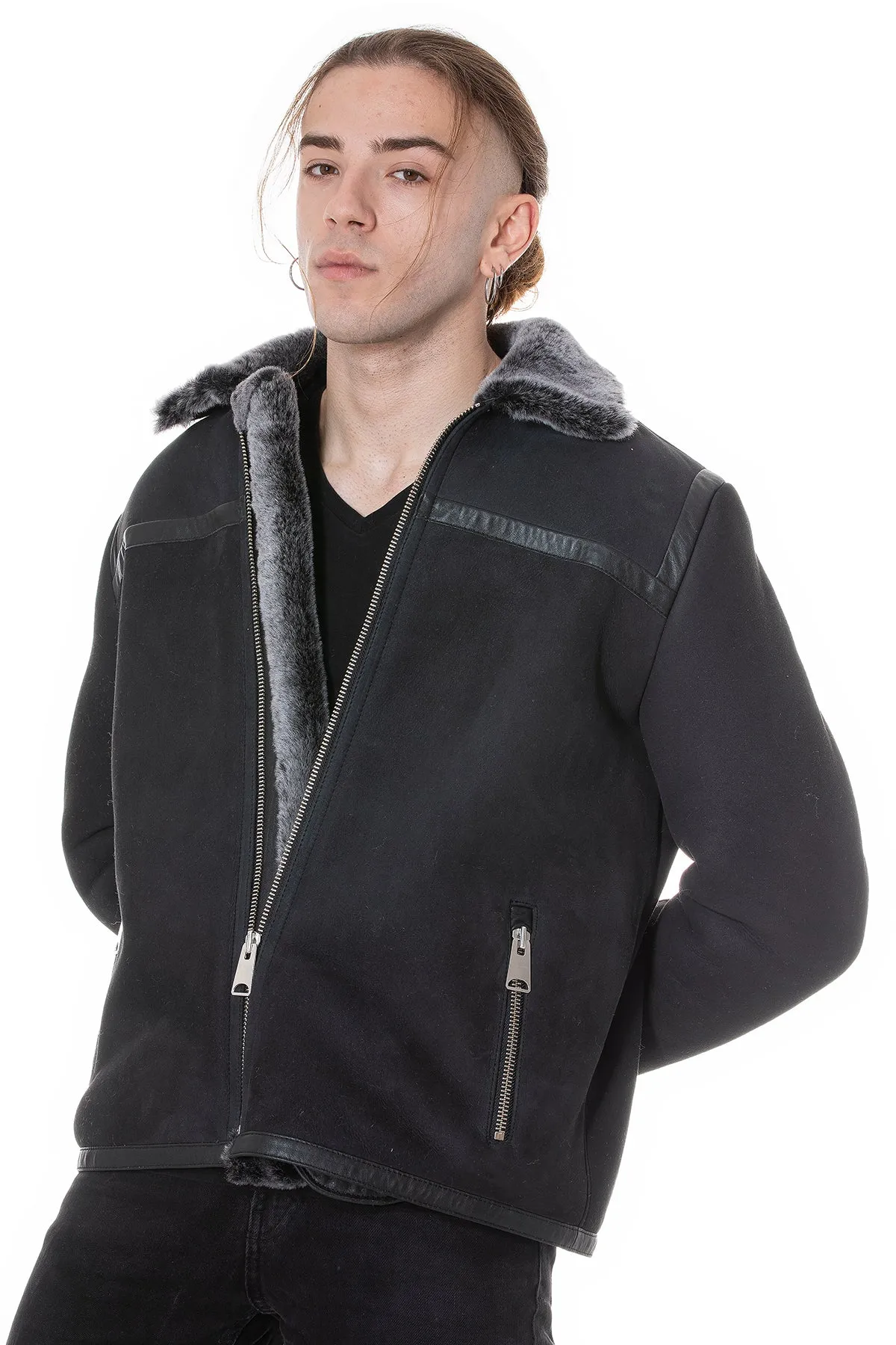 Men's Leather Banded Sheepskin Casual Jacket, Black Suede with Brissa Wool