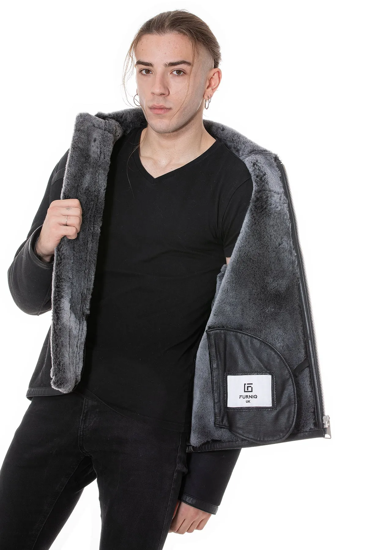 Men's Leather Banded Sheepskin Casual Jacket, Black Suede with Brissa Wool