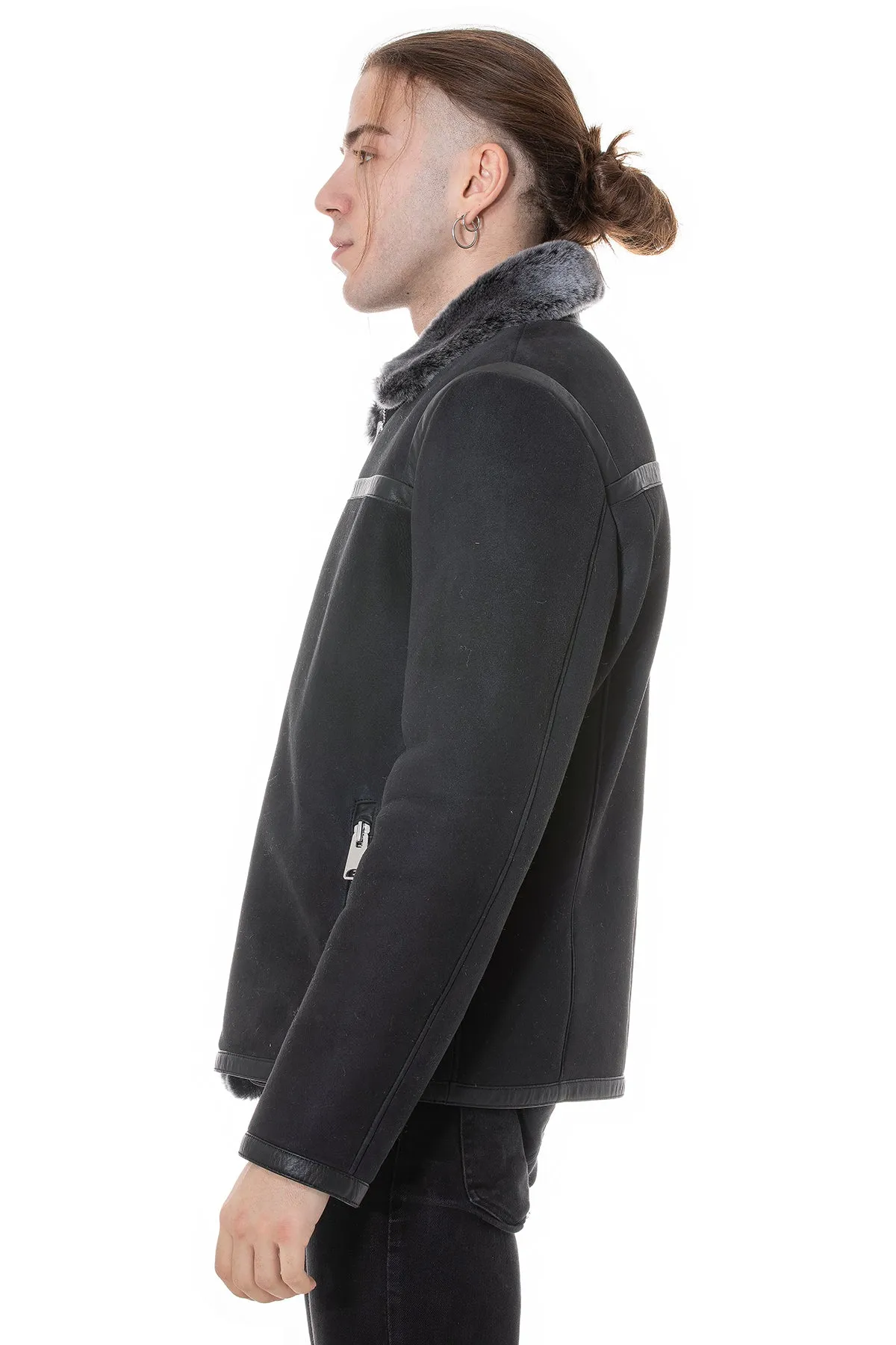 Men's Leather Banded Sheepskin Casual Jacket, Black Suede with Brissa Wool