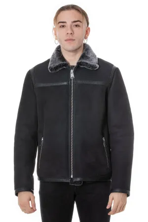 Men's Leather Banded Sheepskin Casual Jacket, Black Suede with Brissa Wool