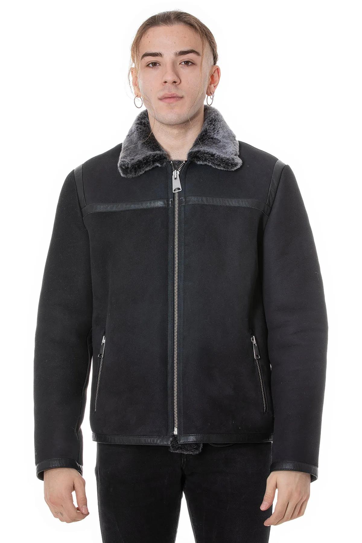 Men's Leather Banded Sheepskin Casual Jacket, Black Suede with Brissa Wool