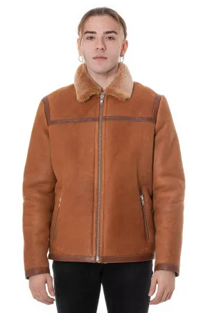 Men's Leather Banded Sheepskin Casual Jacket, Washed Tan with Brissa Wool