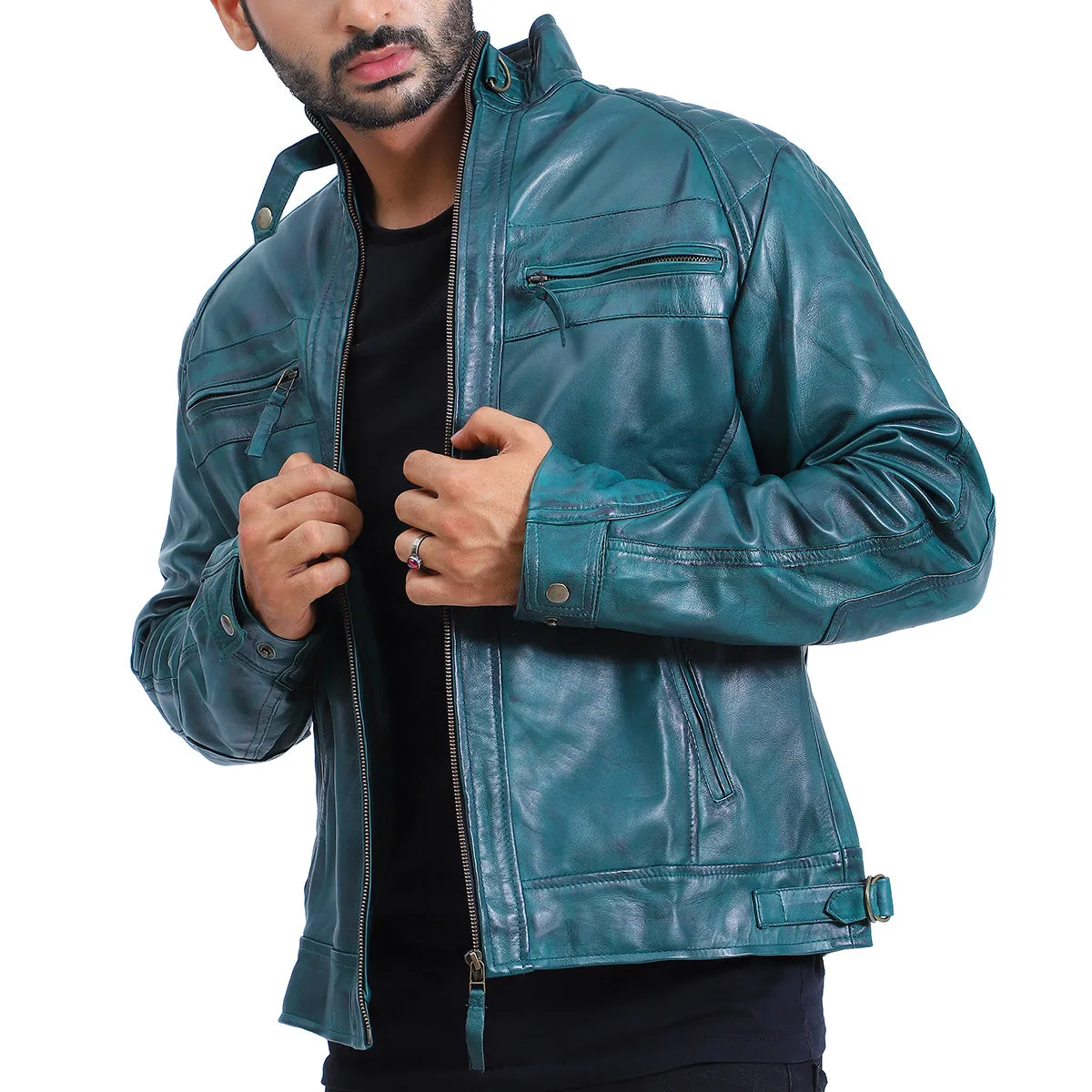 Men's Quilted Green Cafe Racer Leather Jacket