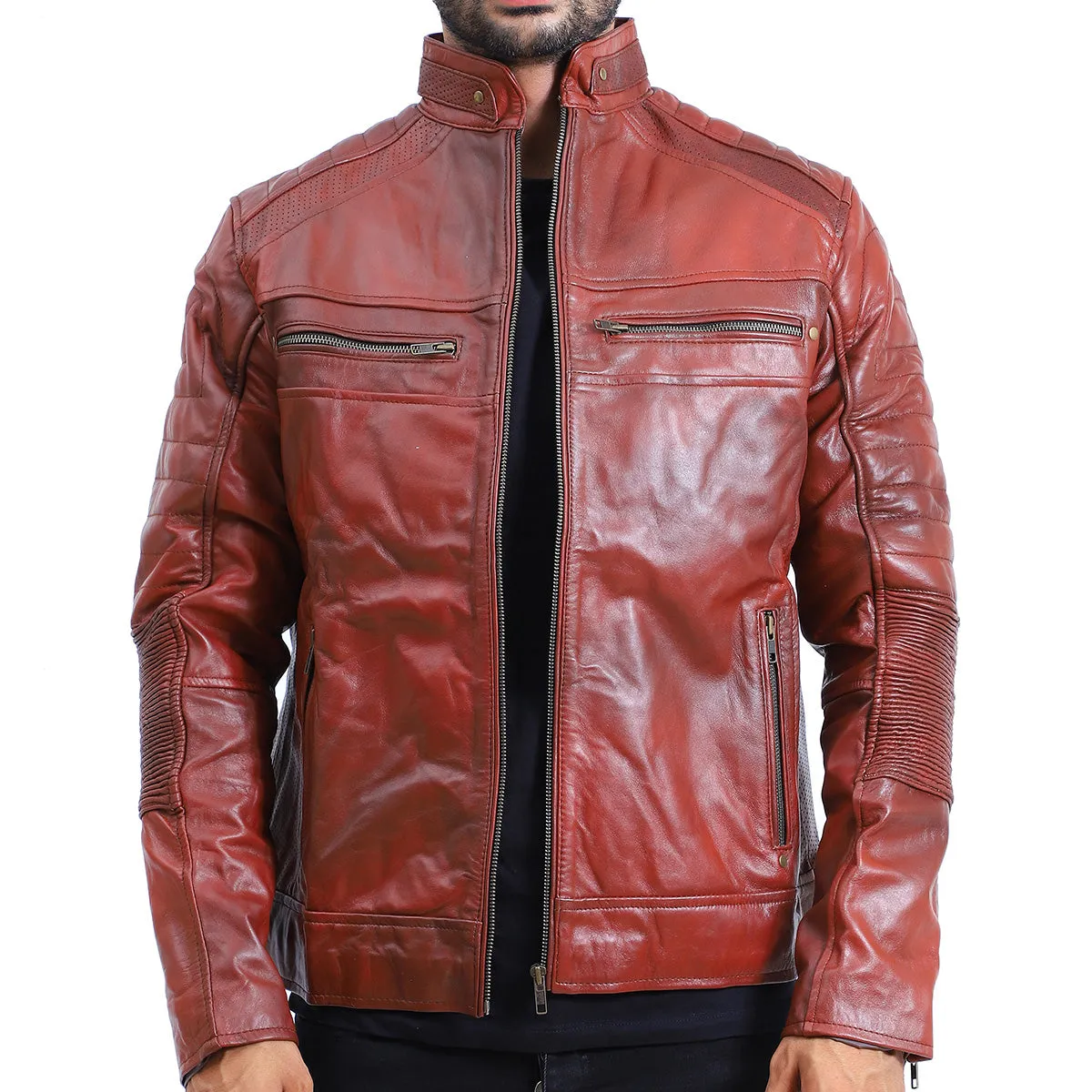 Men's Quilted Sheepskin Brown Leather Jacket