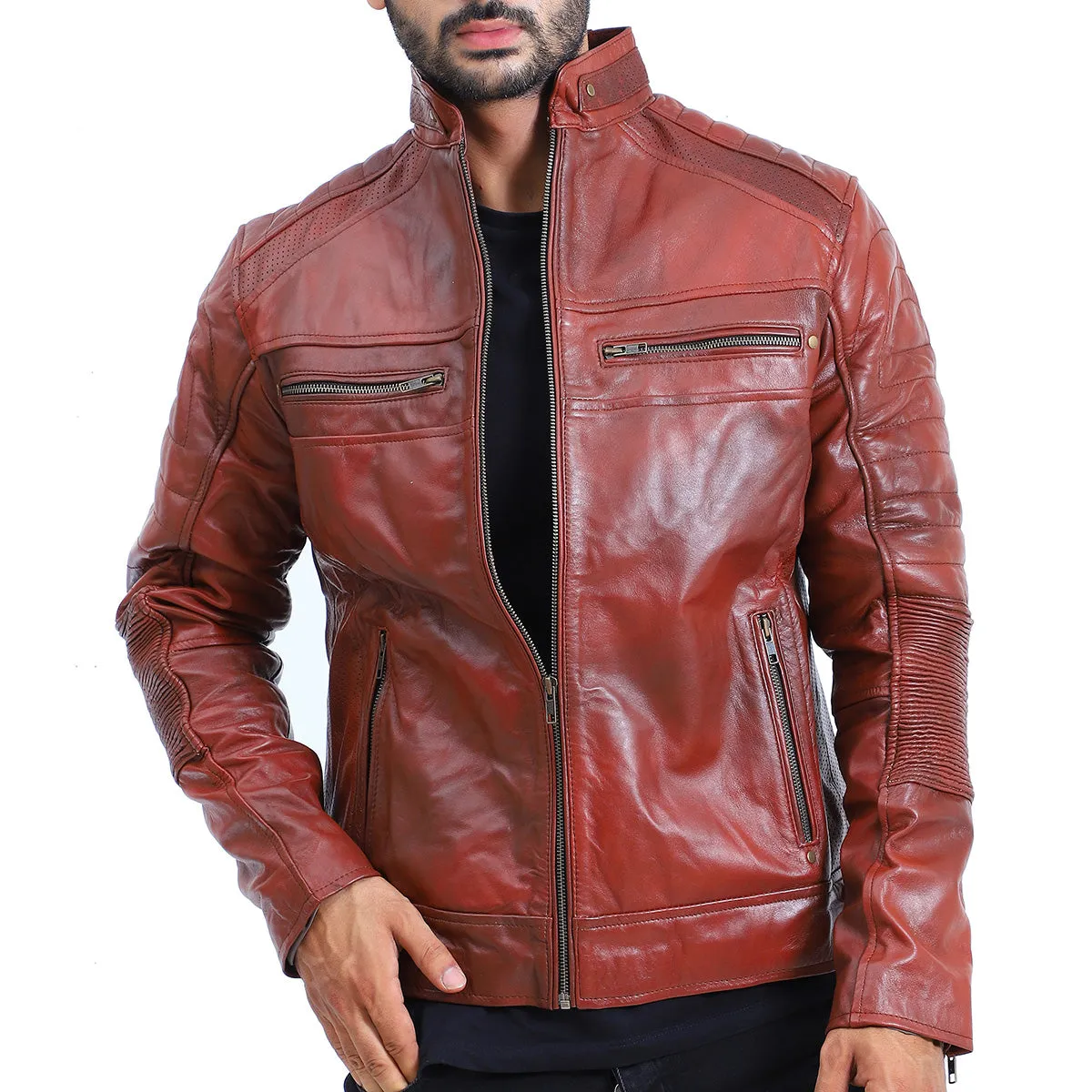 Men's Quilted Sheepskin Brown Leather Jacket