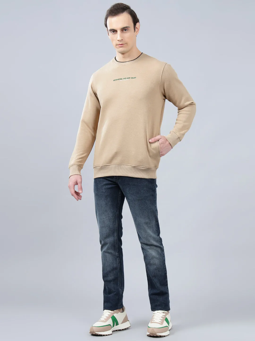 Men's Solid Beige Round Neck Sweatshirt