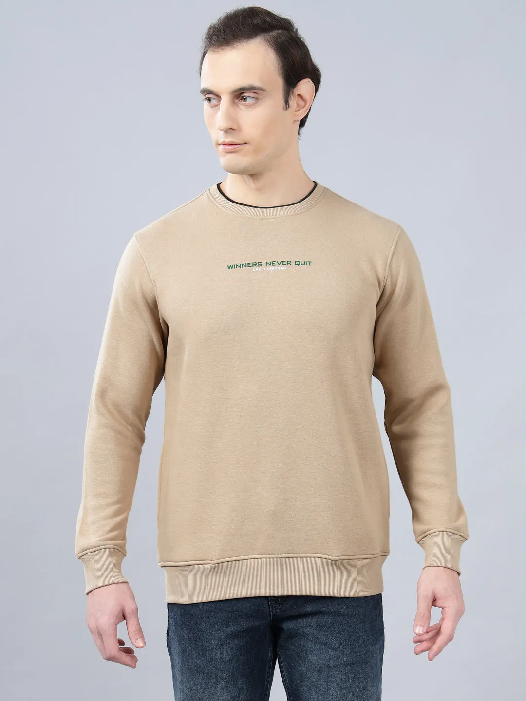 Men's Solid Beige Round Neck Sweatshirt