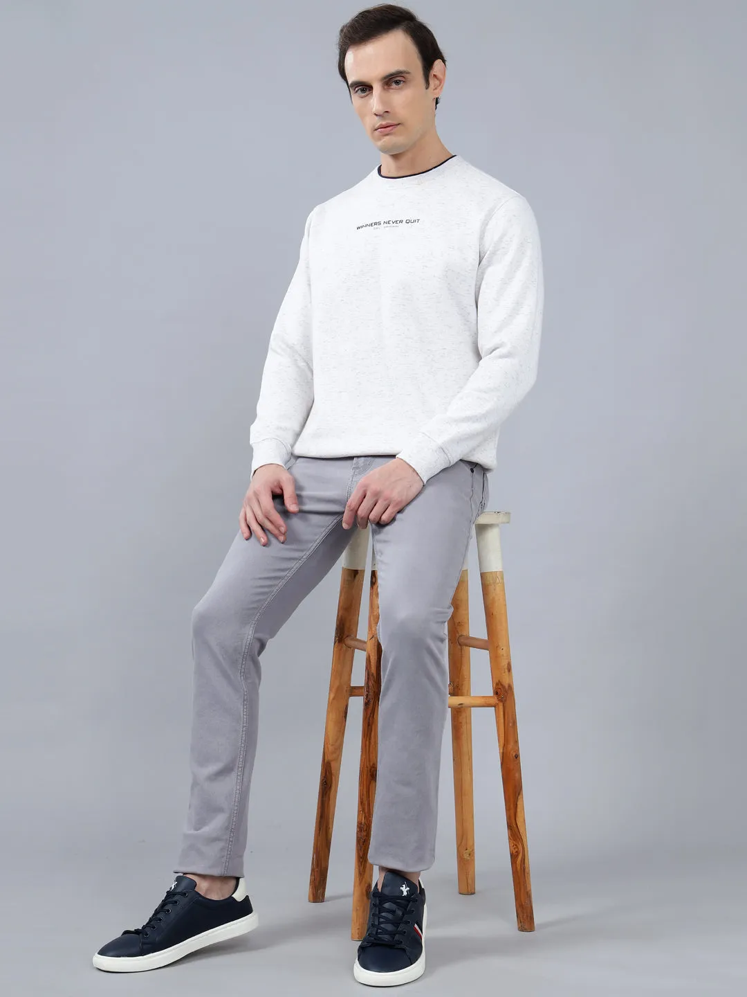 Men's Solid Off White Round Neck Sweatshirt