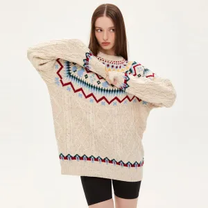 Oversized Off White Crew Neck Fisherman Cable Knit Fair Isle Sweater