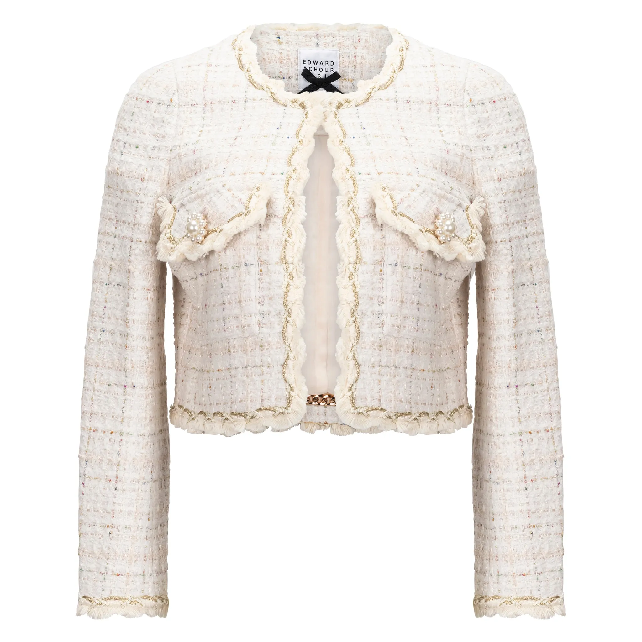 Pearl Button Cropped Tweed Jacket - Ivory   Gold