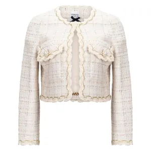 Pearl Button Cropped Tweed Jacket - Ivory   Gold