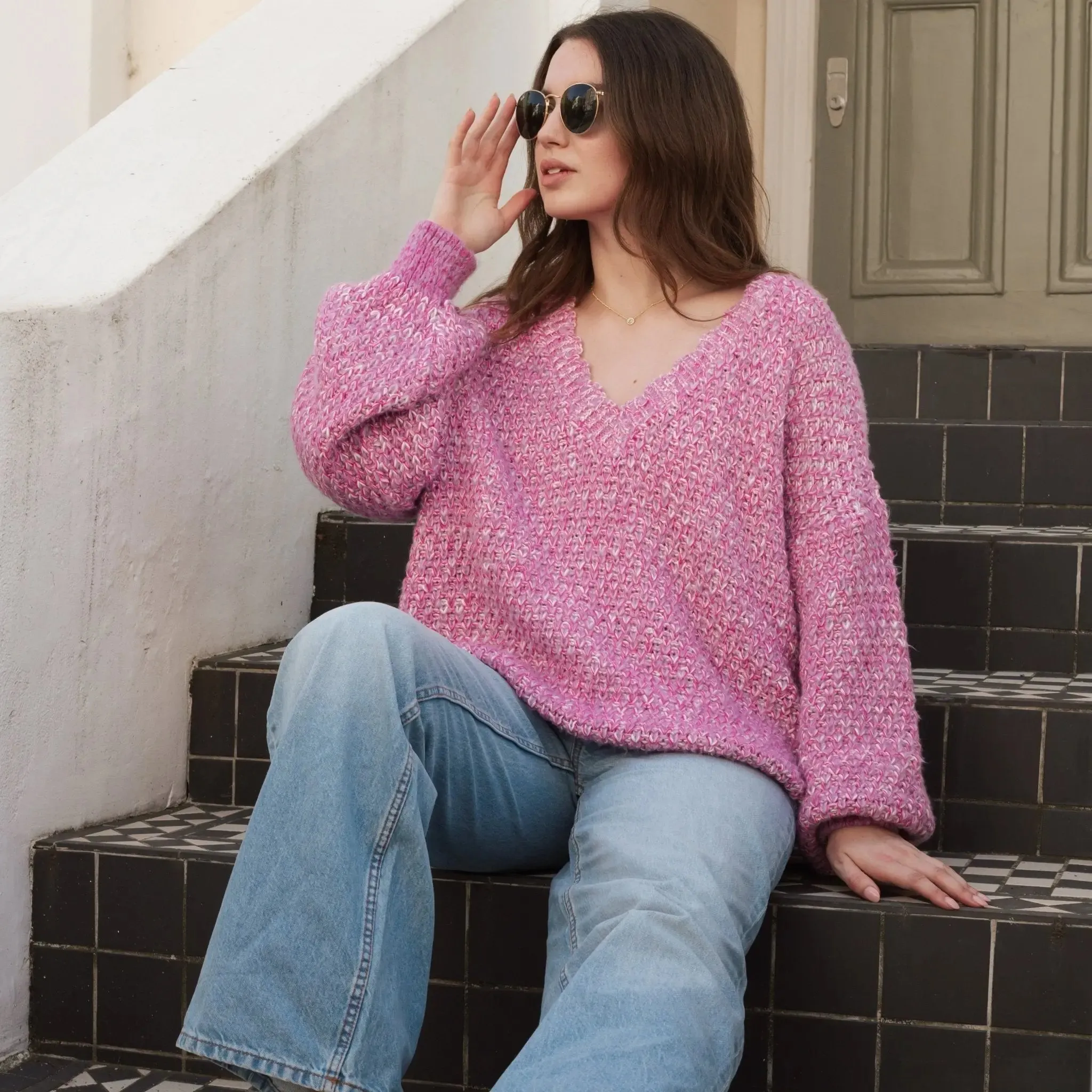 Pink Zohar Twist Oversized v Neck Jumper