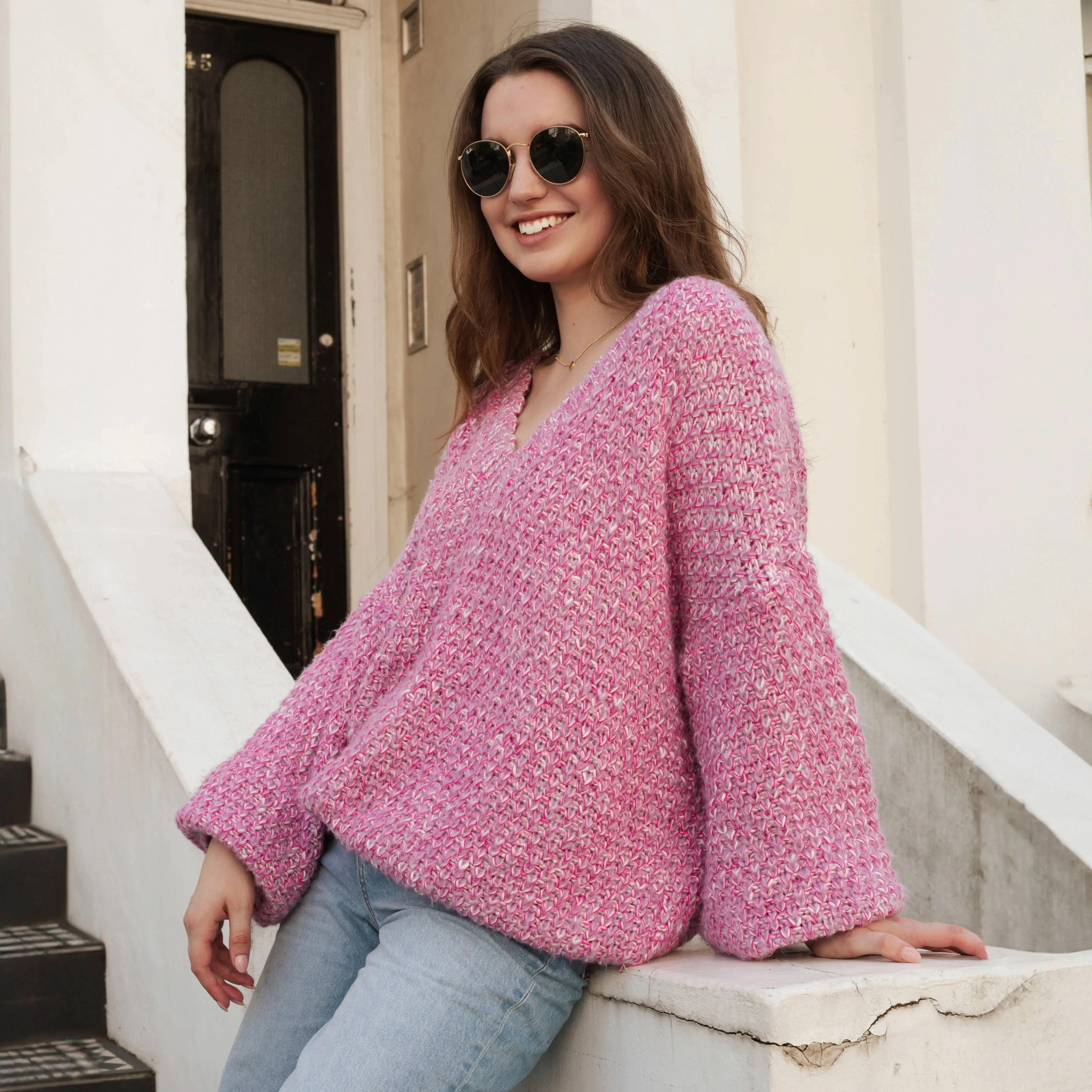 Pink Zohar Twist Oversized v Neck Jumper