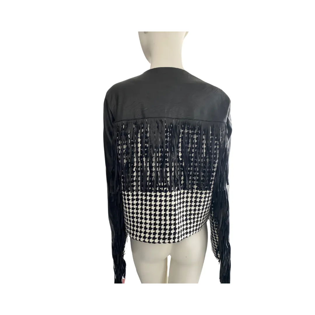 PINKO Houndstooth Fringe Jacket Black White SIZE 12