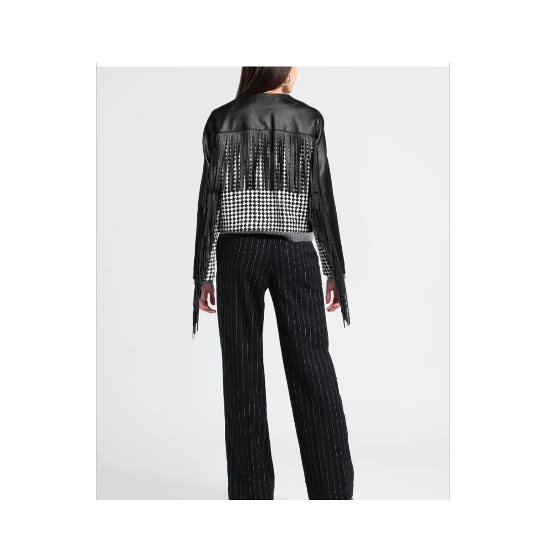 PINKO Houndstooth Fringe Jacket Black White SIZE 12