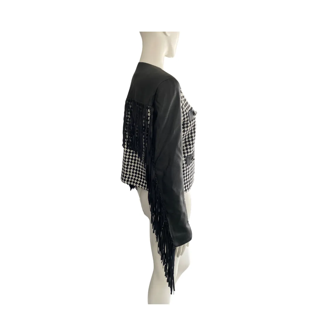 PINKO Houndstooth Fringe Jacket Black White SIZE 12