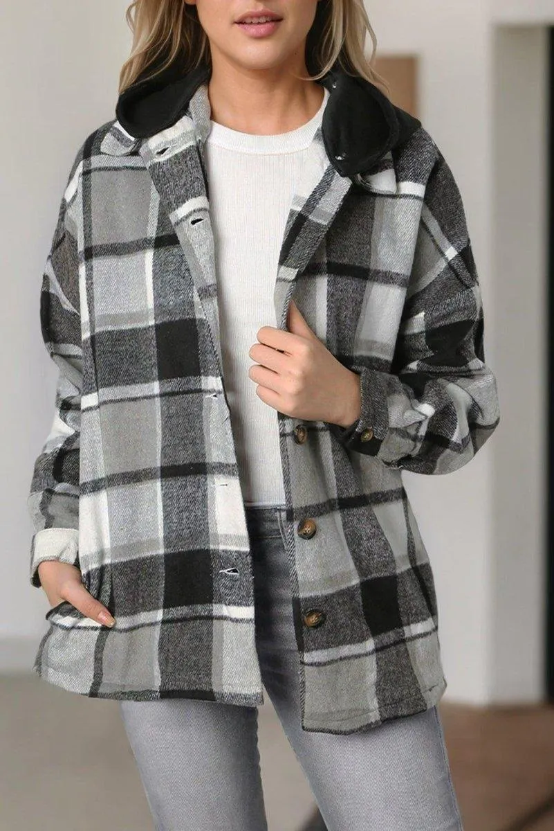 Plaid Hooded Button Down Shacket