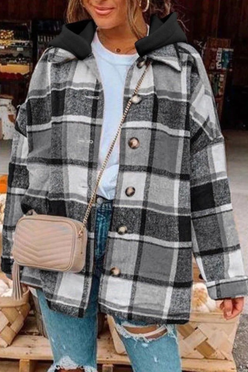 Plaid Hooded Button Down Shacket