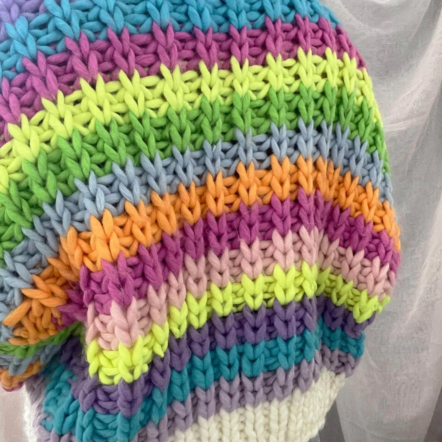 Rainbow Striped Deep V Neck Button Up Crochet Knit Oversized Chunky Yarn Cardigan