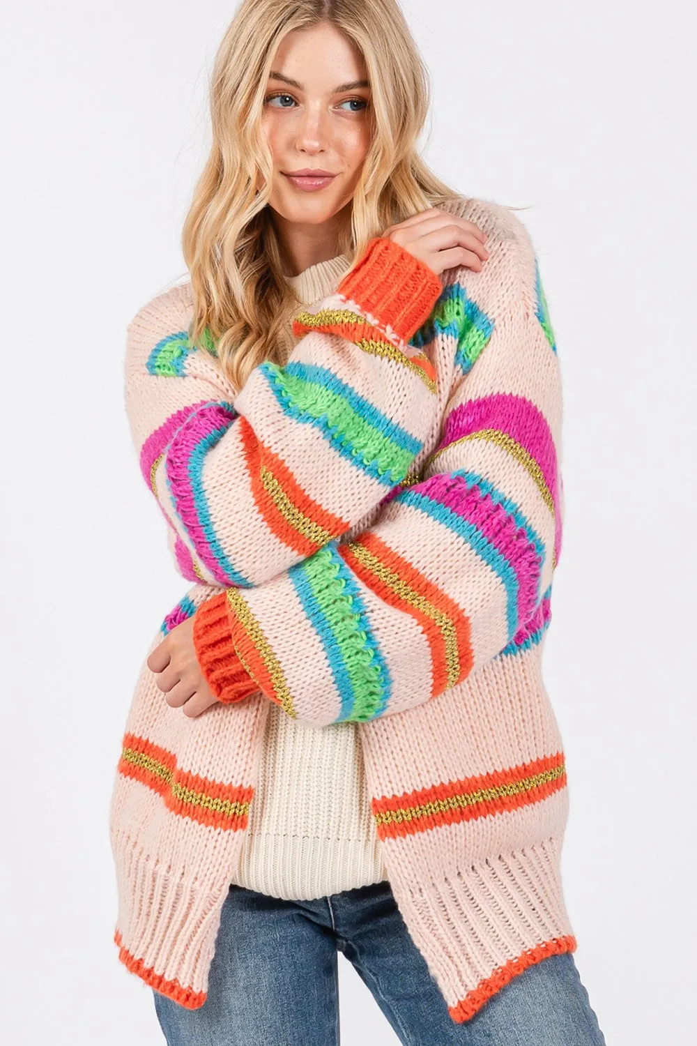 Rainbow Striped Open Front Knit Cardigan