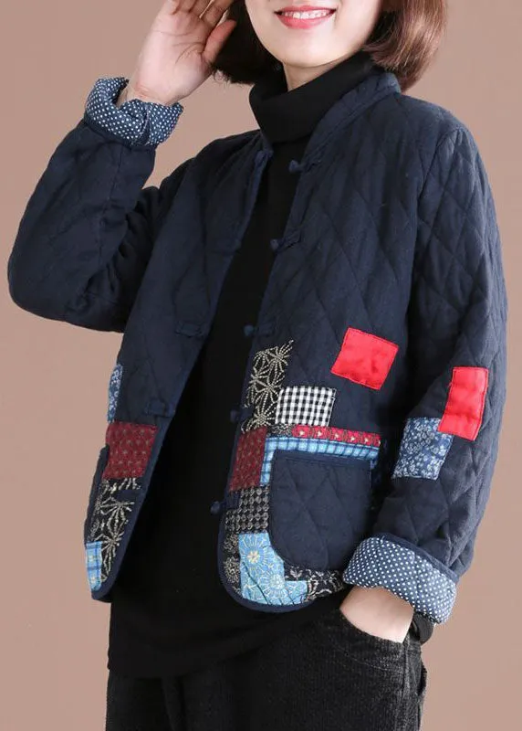 Retro Blue Oriental Patchwork Applique Fine Cotton Filled Jackets Winter