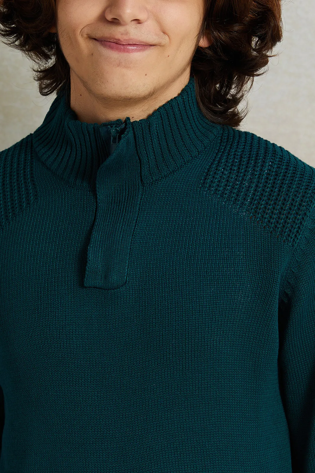 Senior Boys Green High-Neck Sweater