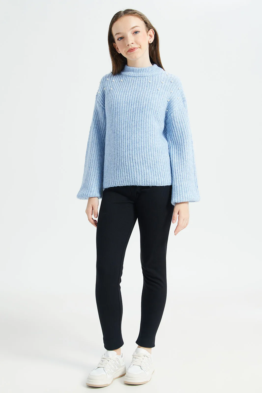 Senior Girls Blue High-Neck Pullover With Pearls