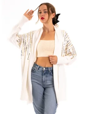 Sequin embellished shoulder and front soft knit cardigan in white