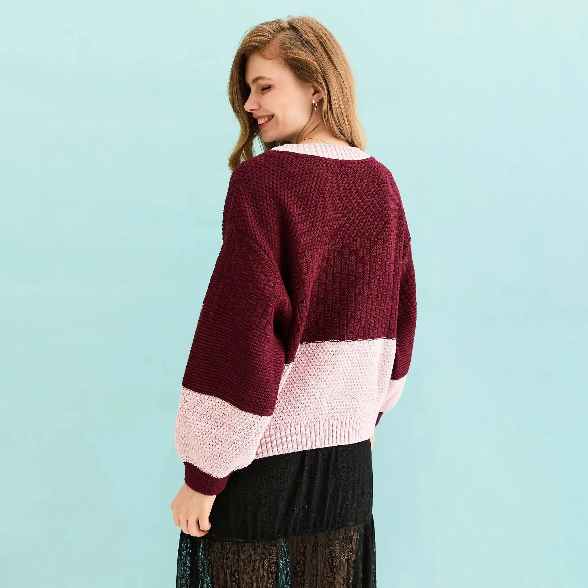 Taz Recycled Cotton Mix Two Tone Jumper - Burgundy