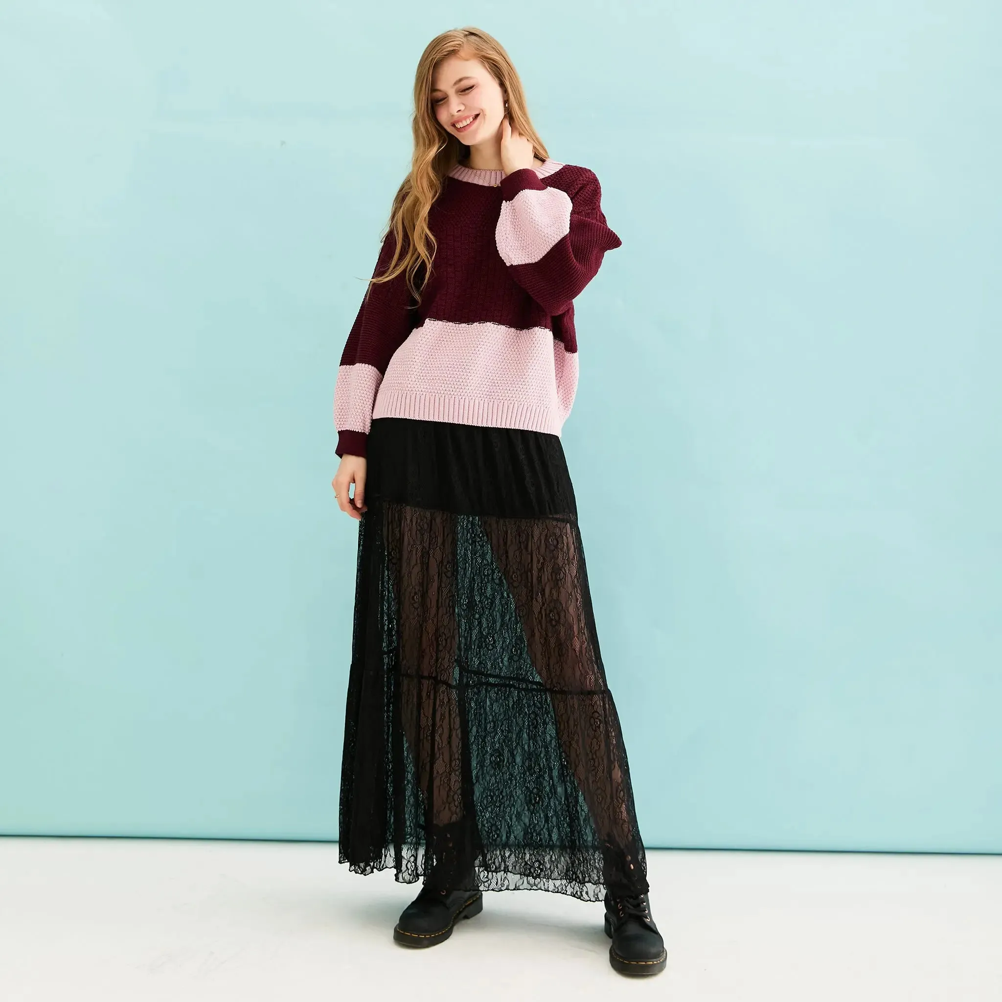 Taz Recycled Cotton Mix Two Tone Jumper - Burgundy