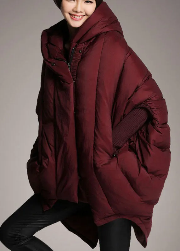 Trendy Mulberry hooded zippered Cloak Sleeves Winter Duck Down coat