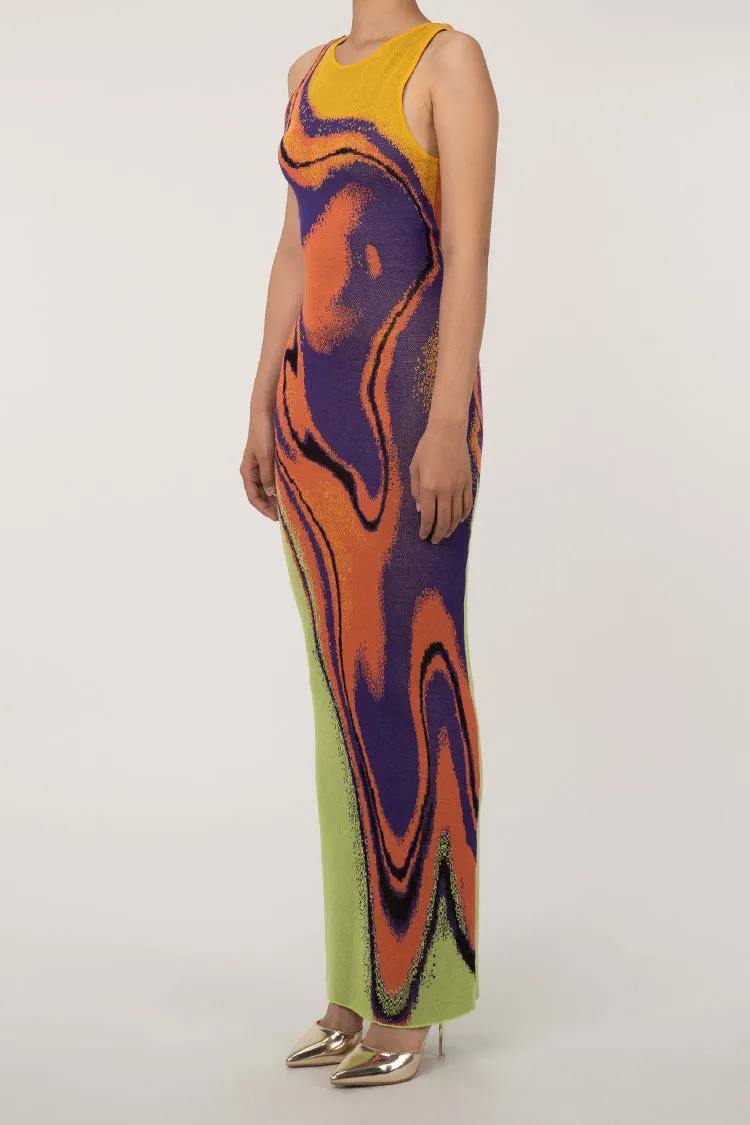 Vibrant Abstract Print Crew Neck Sheath Sleeveless Sweater Maxi Dress