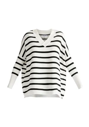 White and Black V-Neck Ribbed Jumper