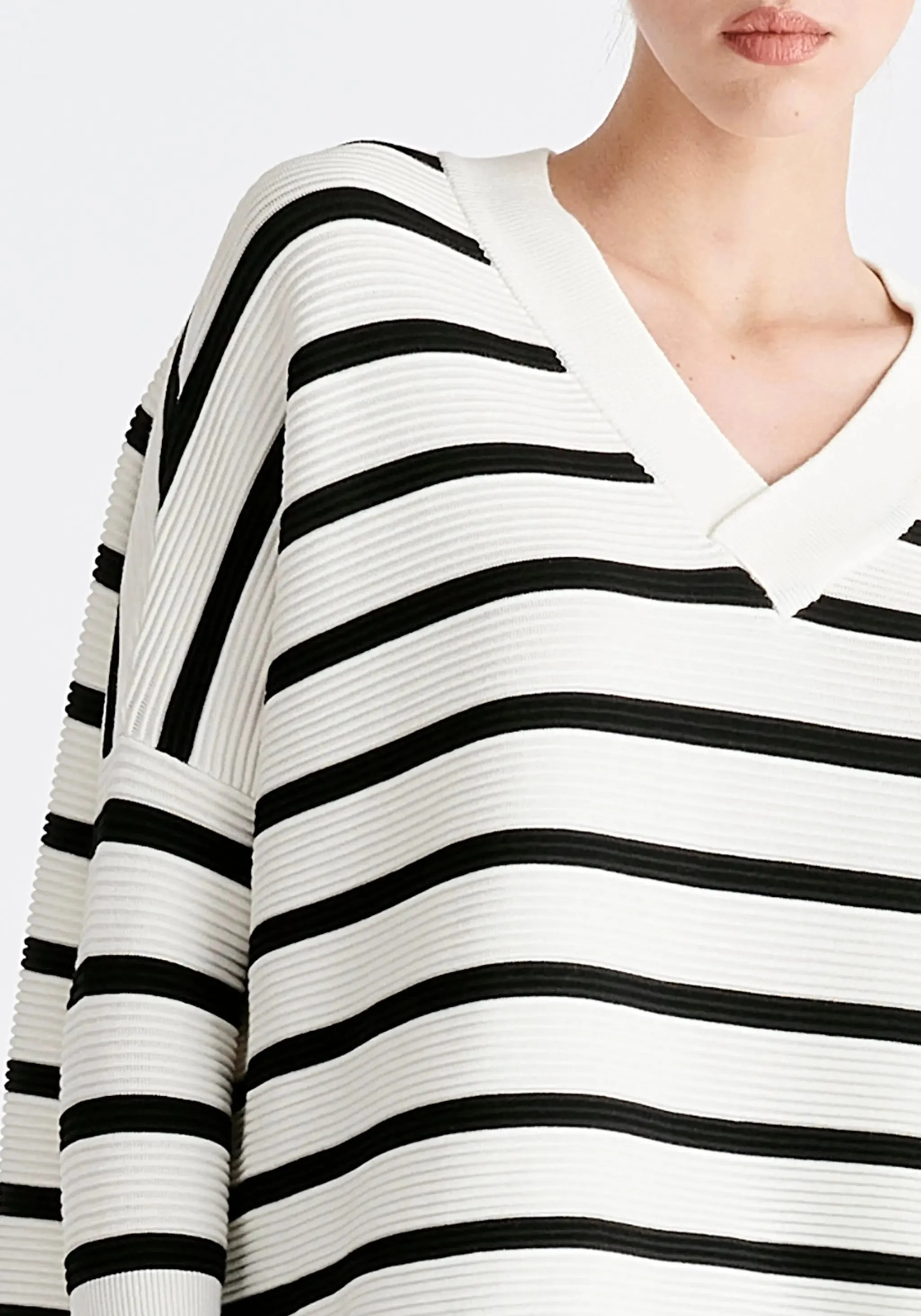 White and Black V-Neck Ribbed Jumper