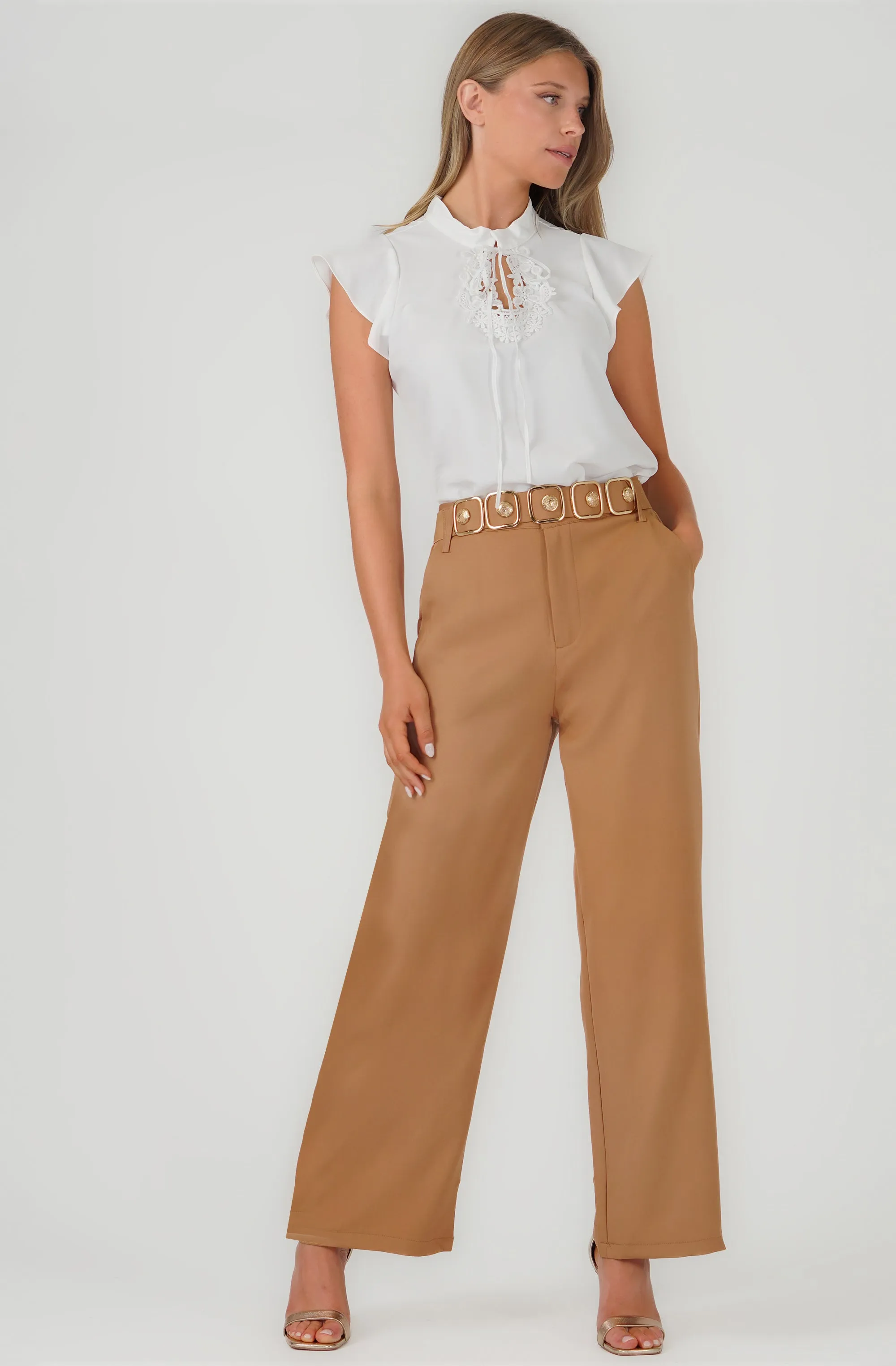 Wide Leg Pant with Gold Belt