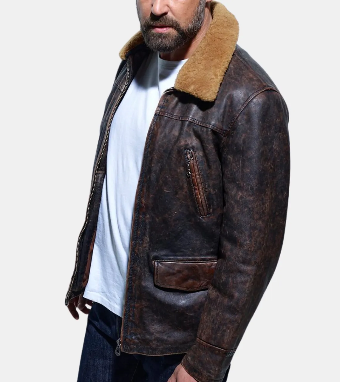 Willown Men's Brown Shearling Distressed  Leather Jacket