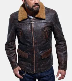 Willown Men's Brown Shearling Distressed  Leather Jacket