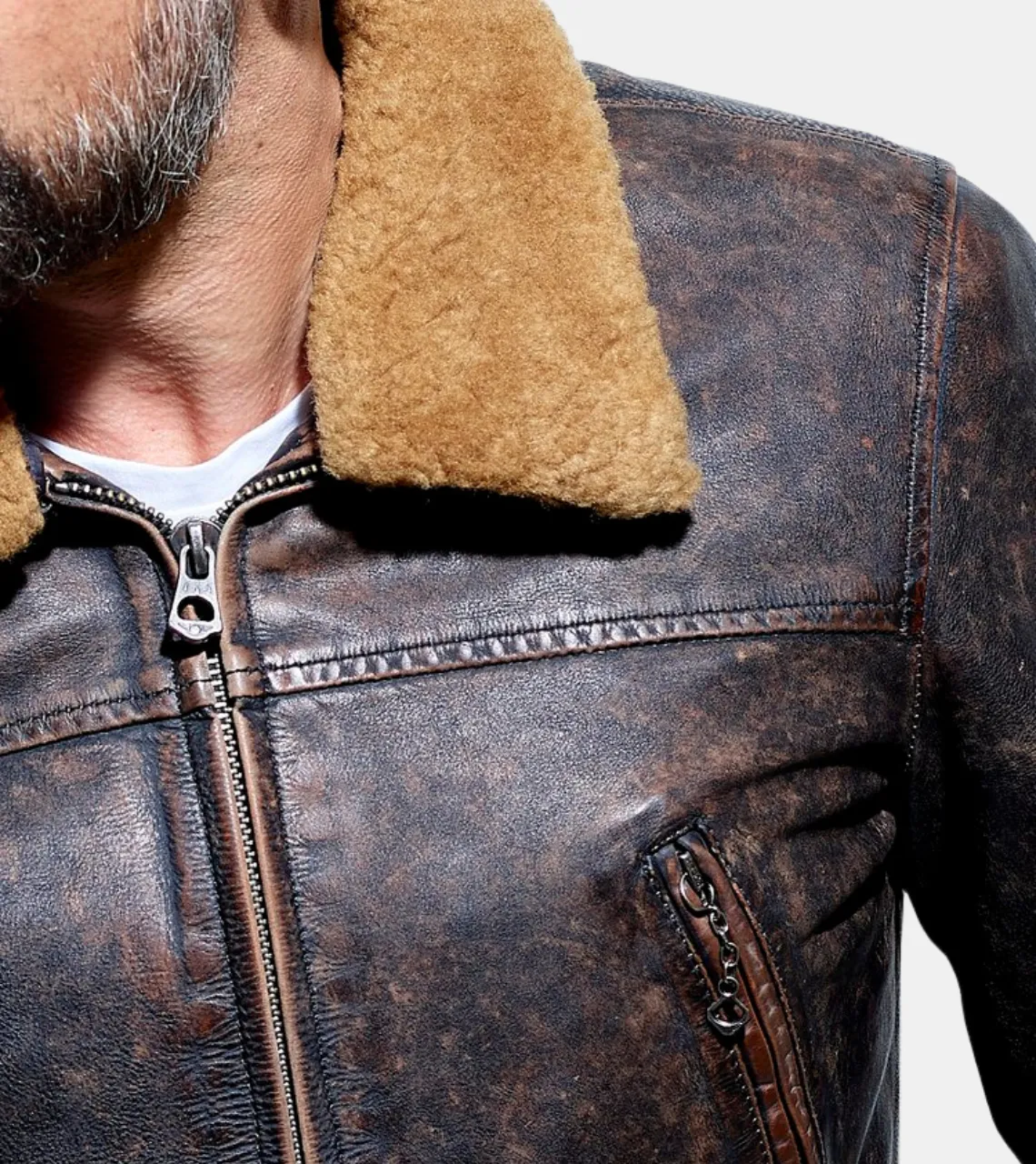 Willown Men's Brown Shearling Distressed  Leather Jacket