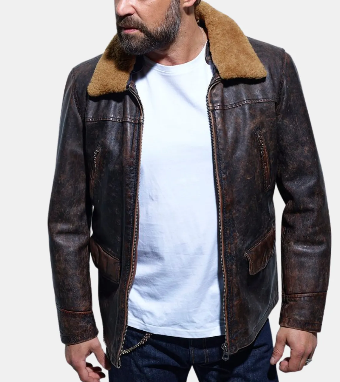 Willown Men's Brown Shearling Distressed  Leather Jacket